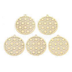 Rack Plating 201 Stainless Steel Filigree Pendants, Etched Metal Embellishments, Nickel Free, Flat Round, Real 18K Gold Plated, 22x20x0.4mm, Hole: 1mm(X-STAS-T057-43G)