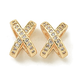 Letter X Rack Plating Brass Micro Pave Cubic Zirconia Europen Beads, Large Hole Beads, Long-Lasting Plated, Lead Free & Cadmium Free, Real 14K Gold Plated, 10.5x7.5x6.5mm, Hole: 4mm(KK-K386-15G)