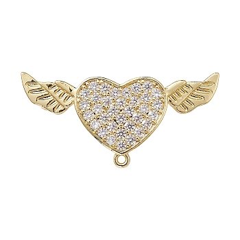Brass Micro Pave Clear Cubic Zirconia Brooch Findings, with Loops, Heart with Angel Wing, Real 18K Gold Plated, 34x16x6.5mm, Hole: 1.2mm