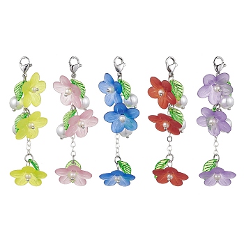 Transparent Acrylic Flower Pendant Decorations, with Glass Peark Beads and 304 Stainless Steel Lobster Claw Clasps, Mixed Color, 72mm