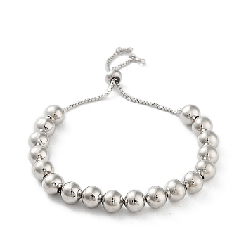 Adjustable Brass Round Beaded Slider Bracelets, with Box Chains, Platinum, Inner Diameter: 2-1/2~3-3/4 inch(6.2~9.6cm)