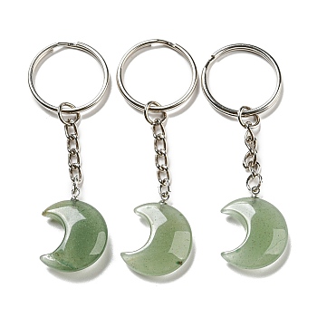 Reiki Natural Green Aventurine Moon Pendant Keychains, with Iron Keychain Rings, 7.8cm