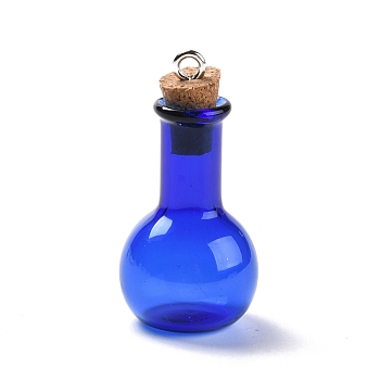 Glass Pendants, with Wood Bottle Stopper and Platinum Alloy Loops, Bulb Shaped, Blue, 34x18mm, Hole: 2mm