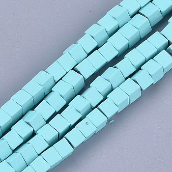 Spray Painted Non-magnetic Synthetic Hematite Beads Strands, Cube, Pale Turquoise, 4x4x4mm, Hole: 0.8mm, about 94~100pcs/strand, 15.5 inch~16.3 inch
