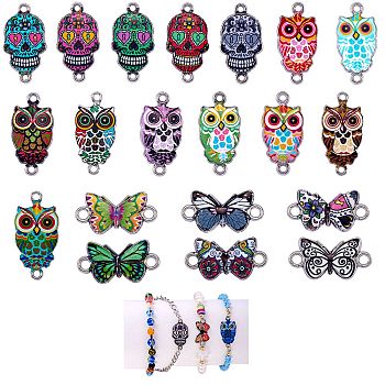 23Pcs 23 Style Alloy Enamel Links Connectors, Butterfly & Owl & Sugar Skull, Mixed Color, 12~25.5x13~23x2~2.5mm, Hole: 1.5~3mm, 1pc/style