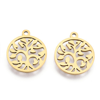 201 Stainless Steel Pendants, Filigree Joiners Findings, Laser Cut, Flat Round with The Tree of Life, Real 18K Gold Plated, 17x14.5x1mm, Hole: 1.5mm.