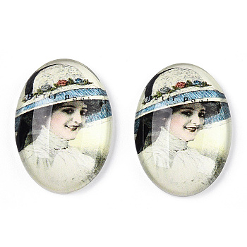 Glass Cabochons, with European Style Pattern, Oval, Light Yellow, 25x18x6mm