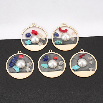 Epoxy Resin Pendants, with Natural & Synthetic Gemstone Chip, Alloy Findings and ABS Plastic Imitation Pearl, Flat Round, Matte Gold Color, 33x30.5x6mm, Hole: 1.5mm