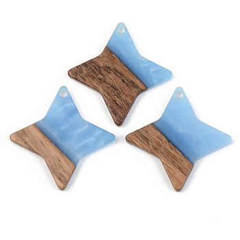 Opaque Resin & Walnut Wood Pendants, Star, Cornflower Blue, 29.5x29.5x3mm, Hole: 2mm