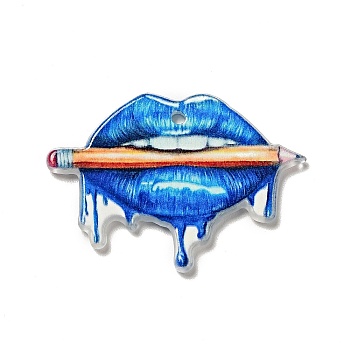 Printed Acrylic Pendants, Lips with Pencil Charms, 28x36x2mm, Hole: 1.8mm