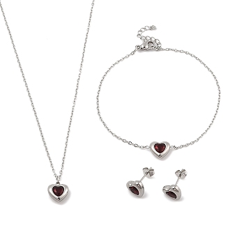 Heart 304 Stainless Steel Micro Pave Cubic Zirconia Pendant Necklaces & Bracelets & Stud Earrings Sets for Women, Red, 7.48 inch(190mm)