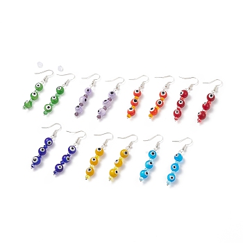 7 Pairs 7 Color Lampwork Evil Eye & Glass Beaded Dangle Earrings, Brass Long Drop Earrings for Women, Mixed Color, 56mm, Pin: 0.5mm, 1 Pair/color