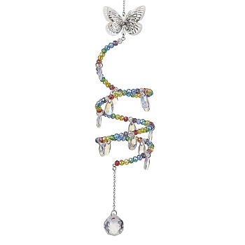 Butterfly Brass & 304 Stainless Steel Hanging Suncatchers, with Glass Pendants and Beads, Stainless Steel Color, 330mm, Hole: 8mm