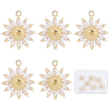 8Pcs Brass Micro Pave Cubic Zirconia Pendants, Nickel Free, Daisy, Clear, Real 18K Gold Plated, 21x17x5.5mm, Hole: 1.6mm