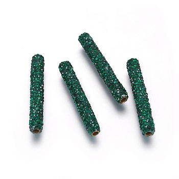 Brass Rhinestone Beads, Tube, Emerald, 35x5.5mm, Hole: 2mm