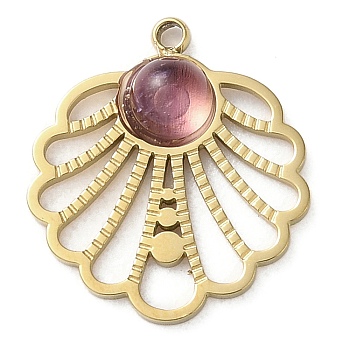 Vacuum Plating 316 Stainless Steel Pendants, with Natural Amethyst, Flower, Real 18K Gold Plated, 15.5x13.5x3mm, Hole: 1.2mm