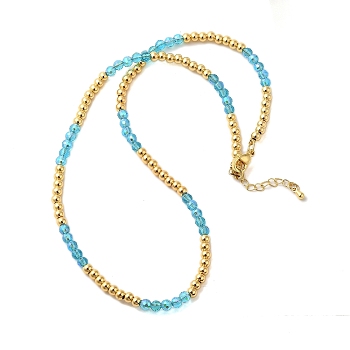 Rack Plating Brass and Glass Bead Necklaces, Cadmium Free & Lead Free, Long-Lasting Plated, Real 18K Gold Plated, Deep Sky Blue, 17.80 inch(45.2cm)