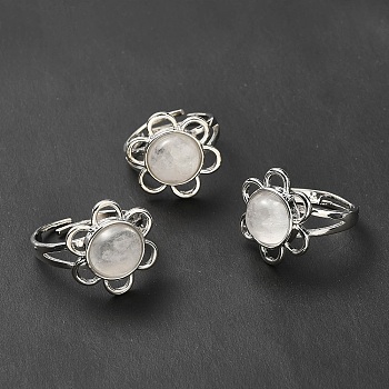 Natural Quartz Crystal Adjustable Rings, Platinum Tone Flower Brass Rings for Women, Cadmium Free & Lead Free, US Size 7 3/4(17.9mm), 3~7mm