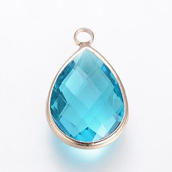 Glass Pendants, with Brass Findings, Faceted, Drop, Light Gold, Sky Blue, 22x13.5x6mm, Hole: 1.8~2.3mm