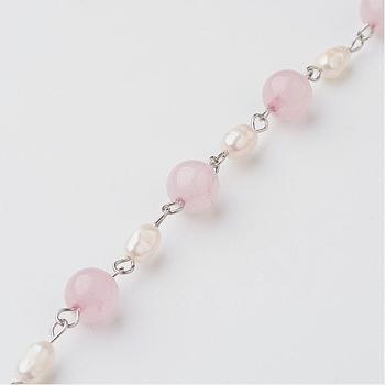 Handmade Chains for Necklaces Bracelets Making, with Rose Quartz, Grade A Natural Freshwater Pearl and 304 Stainless Steel Eye Pin, Unwelded, 39.37 inch(1m)