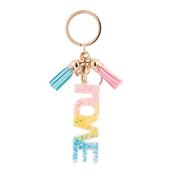 Alloy & Resin Tassel Keychains, Word LOVE, with Glitter Powder & Lobster Claw Clasps, Golden, Yellow, 130mm
