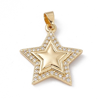 Rack Plating Brass Micro Pave Cubic Zirconia Pendants, Cadmium Free & Lead Free, Long-Lasting Plated, Star Charm, Real 18K Gold Plated, 21.5x19.5x3mm, Hole: 3.5x5mm
