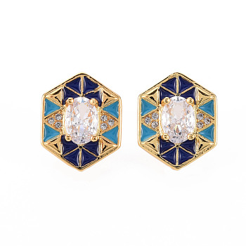 Brass Micro Pave Clear Cubic Zirconia Stud Earrings, with Enamel and Ear Nuts, Hexagon, Cadmium Free & Nickel Free & Lead Free, Real 16K Gold Plated, Blue, 15x12mm, Pin: 0.8mm