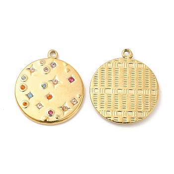 Vacuum Plating 201 Stainless Steel with Rhinestone Pendants, Flat Round Charms, Real 18K Gold Plated, Colorful, 20.5x18x2mm, Hole: 1.2mm