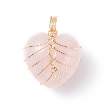 Natural Rose Quartz Pendants, with Light Gold Tone Copper Wire Wrapped, Heart, 26x21x16mm, Hole: 6mm