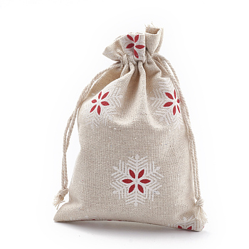 Polycotton(Polyester Cotton) Packing Pouches Drawstring Bags, with Printed Snowflake, Red, 18x13cm