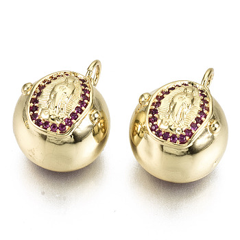 Brass Micro Pave Cubic Zirconia Pendants, with Jump Rings, Nickel Free, Round with Nun, Real 16K Gold Plated, Medium Violet Red, 15x14x12mm, Jump Ring: 5x0.7mm, Inner Diameter: 3mm