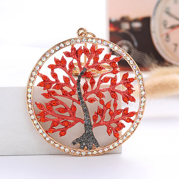 Rhinestone Flat Round with Tree of Life Pendant Keychain, with Alloy Findings, Red, 6.7x6.7cm
