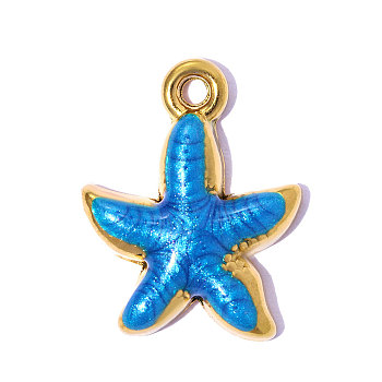 304 Stainless Steel Enamel Pendants, Starfish Charms, Ion Plating(IP), Mirror Polished Finish, Real 18K Gold Plated, Blue, 15x12mm, Hole: 1.6mm