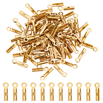 100Pcs Ion Plating(IP) 304 Stainless Steel Folding Crimp Cord Ends, Real 18K Gold Plated, 8.5x2.5x1.3mm, Hole: 1.1mm