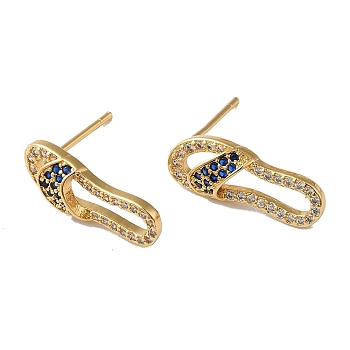Cubic Zirconia Slippers Stud Earrings, Real 18K Gold Plated Brass Jewelry for Women, Lead Free & Cadmium Free, Medium Blue, 18x7mm, Pin: 0.8mm