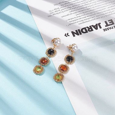 Glass Rectangle Beaded Long Dangle Stud Earrings with Imitation Pearl(EJEW-TA00141-02)-4
