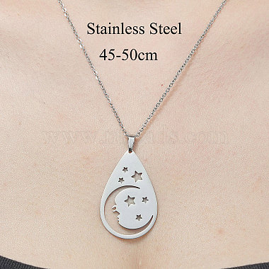 201 Stainless Steel Hollow Teardrop with Star Pendant Necklace(NJEW-OY001-73)-3