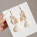 Alloy Resin Shell Shape Dangle Earrings, with Natural Shell & Plastic Pearl, Golden, 91x30mm(FS-WG8A9F4-08)