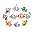 Handmade Porcelain Pendants, Tropical Fish Charms, Hand Painted, Famille Rose Porcelain, with Brass Findings, Real 18K Gold Plated, Mixed Color, 18~19x19~21x7~8mm, Hole: 2~2x2.5~3mm(PR-CBAC347-08)