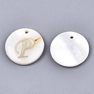 Natural Freshwater Shell Pendants, with Golden Plated Brass Etched Metal Embellishments, Flat Round with Letter, Letter.P, 15x2mm, Hole: 1.2mm(SHEL-N027-04P)