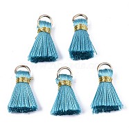 Handmade Polycotton(Polyester Cotton) Tassel Decorations, Pendant Decorations, with Golden Iron Loops, Deep Sky Blue, 17~21x10x5mm, Jump Ring: 6x0.7mm, Inner Diameter: 4.6mm(FIND-R092-17)