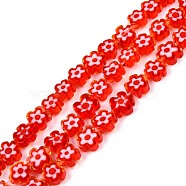 Handmade Millefiori Glass Bead Strands, Plum Bossom, Red, 6~7x6~8x2.5~3mm, Hole: 1mm, about 63~65pcs/strand, 15.55 inch~15.94 inch(39.5~40.5cm)(LAMP-N029-017A-04)