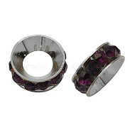 Brass Spacer Beads,  with Grade A Rhinestone, Rondelle, Platinum, Amethyst, 13x4.5mm, Hole: 6.5mm(RB-K050-13mm-B01-11P)