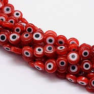 Handmade Evil Eye Lampwork Flat Round Bead Strands, Red, 8x3.2mm, Hole: 1mm, about 49pcs/strand, 14.56 inch(X-LAMP-L058-8mm-06)