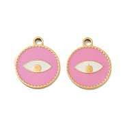 Ion Plating(IP) 316 Surgical Stainless Steel Pendants, Nickel Free, with Enamel, Real 18K Gold Plated, Flat Round with Eye Pattern, Pink, 18x15x1.5mm, Hole: 2mm(STAS-U014-60G-02)