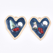 Epoxy Resin Pendants, with ABS Plastic Imitation Pearl and Gemstone Chip, Alloy Findings and Enamel, Heart, Matte Gold Color, Steel Blue, 40x34.5x5.5~6.5mm, Hole: 3x3mm(RESI-S365-55)