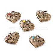 Tibetan Style Alloy Pendants, with Rhinestone, Heart with Word, Antique Bronze, 14x16x2.5mm, Hole: 2mm(PALLOY-XCP00013-03AB)