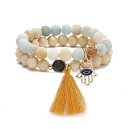 2Pcs 2 Style Natural Flower Amazonite & Lava Rock & Wood Stretch Bracelets Set with Tassel and Alloy Hamsa Hand Charms, Gemstone Jewelry for Women, Inner Diameter: 2-1/8~2-1/4 inch(5.5~5.6cm), 1Pc/style(BJEW-JB08347)