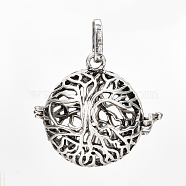 Brass Cage Pendants, For Chime Ball Pendant Necklaces Making, Hollow, Round with Tree of Life, Antique Silver, 29x29x24.5mm, Hole: 8x3mm, Inner Measure: 20mm(X-KK-S337-081)