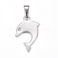 304 Stainless Steel Pendants, Dolphin, Stainless Steel Color, 34x24x2mm, Hole: 10x4.5mm(STAS-I135-14P)